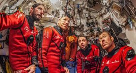 Thibault Rauby, Antonin Guilbert, Yanick Gentil and Laurent Ballesta chilled after a dive. Laurent Ballesta - Andromeda Oceanology